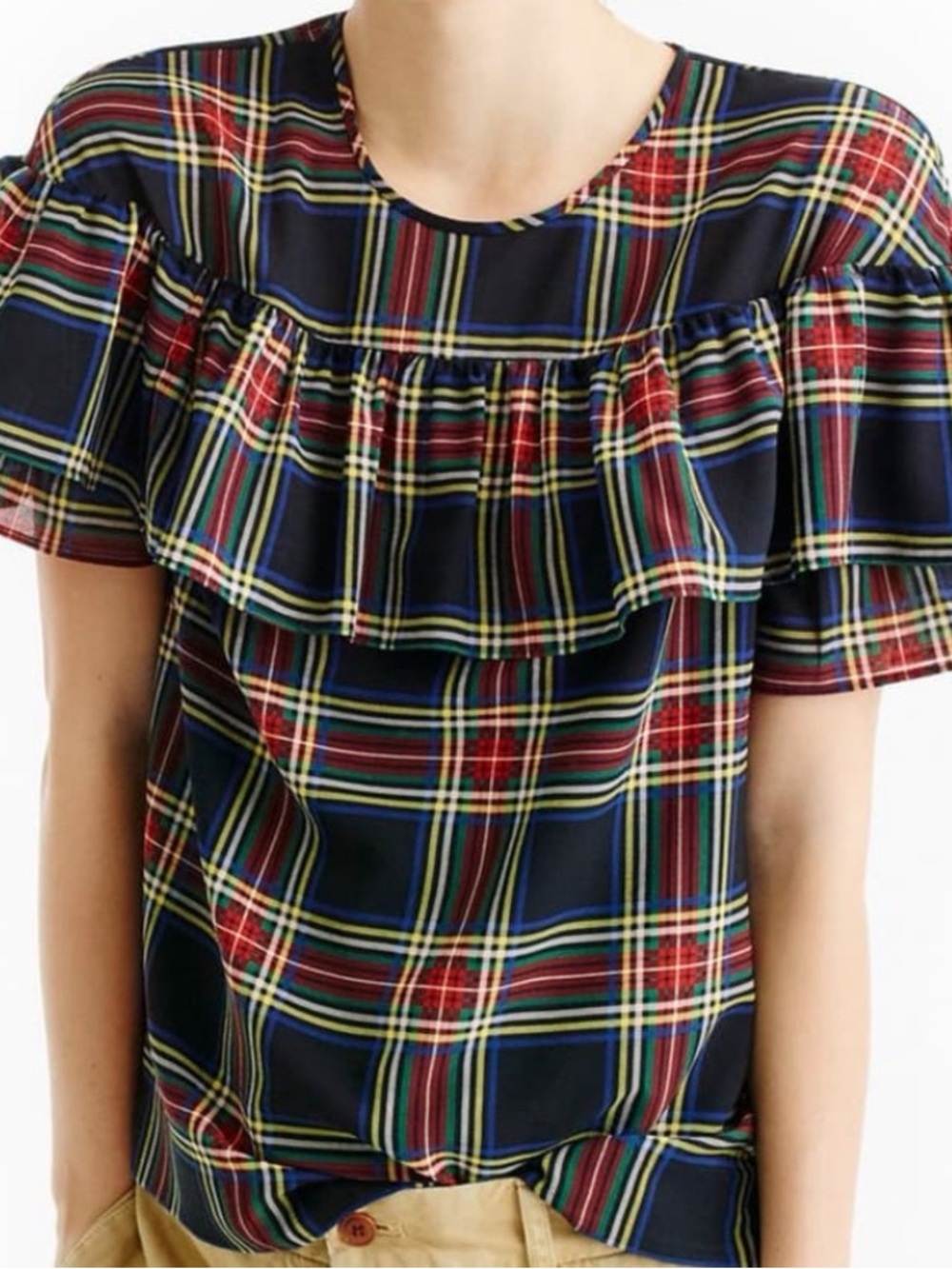 J.Crew Women's Tartan Plaid Ruffle Shortsleeve Top Size 14